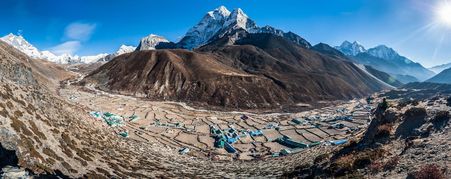 Dingboche’s stone-walled fields spread across the Imja valley beneath Ama Dablam