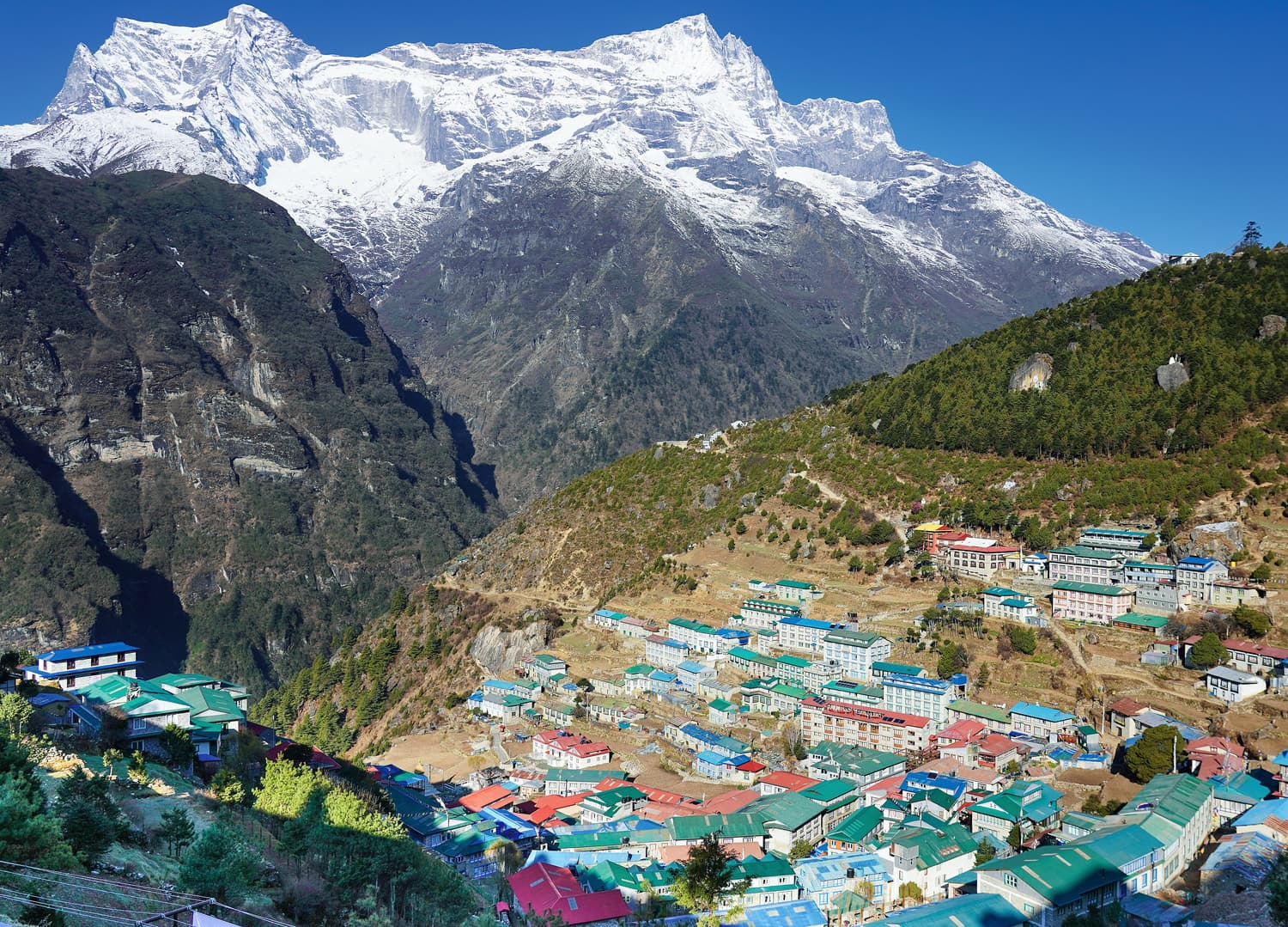 Namche Bazaar’s horseshoe of lodges beneath the snowy ridge of Kongde Ri